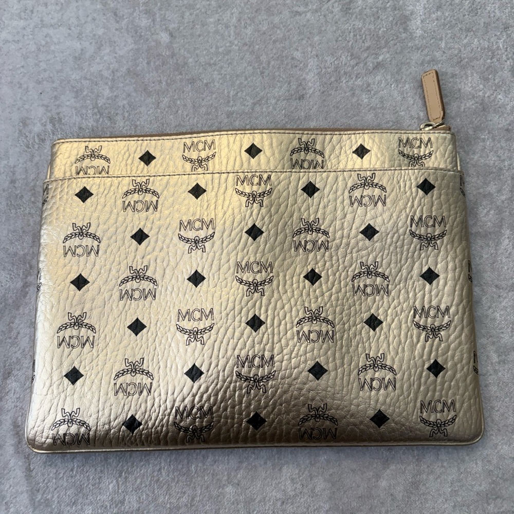MCM Gold Metallic Logo Zip Pouch with Black Print